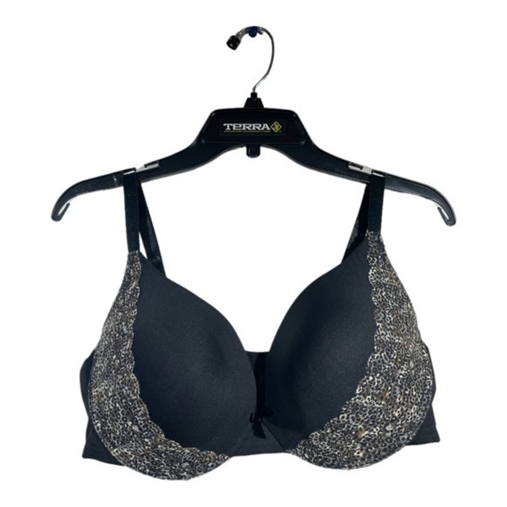 Body Culture Womens Black Satin and Animal Print Lace Bra Size 42DD